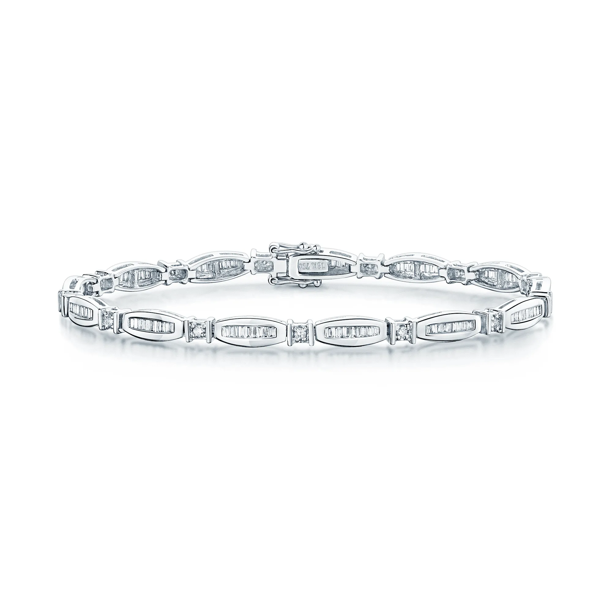 18ct White Gold Baguette Cut Diamond Link & Round Brilliant Cut Diamond Rub Over Bracelet