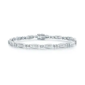 18ct White Gold Baguette Cut Diamond Link & Round Brilliant Cut Diamond Rub Over Bracelet