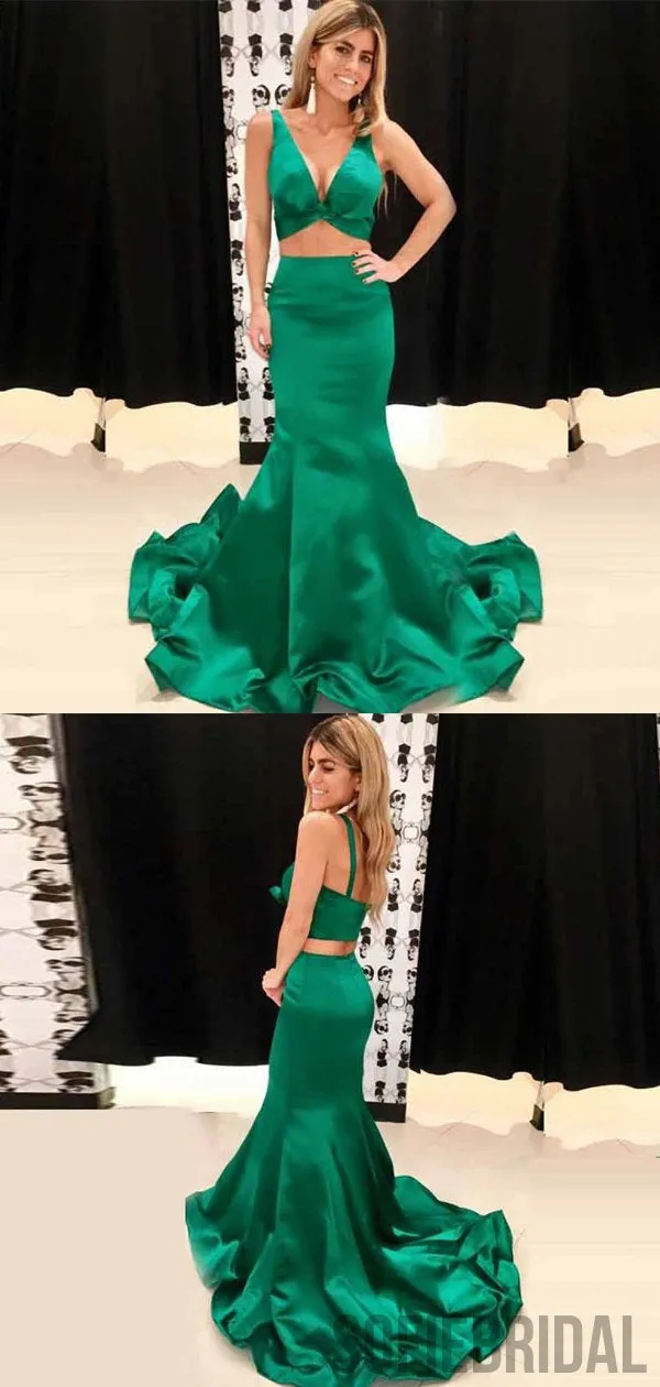 2 Pieces Emerald Green Satin Mermaid V-neck Prom Dresses, PD0865