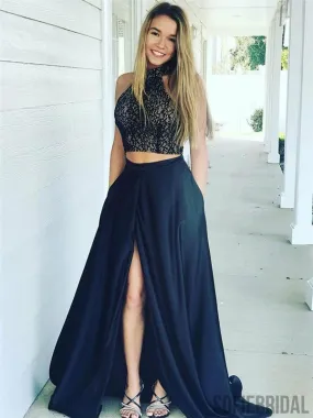 2 Pieces Lace Top Prom Dresses, Front Slit Prom Dresses, Satin Prom Dresses, Long Prom Dresses, PD0641