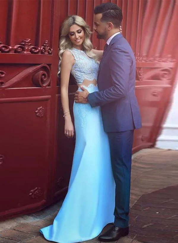 2 Pieces Light Blue Lace Mermaid Prom Dress, 2 Pieces Lace Formal Dress, Mermaid Dress