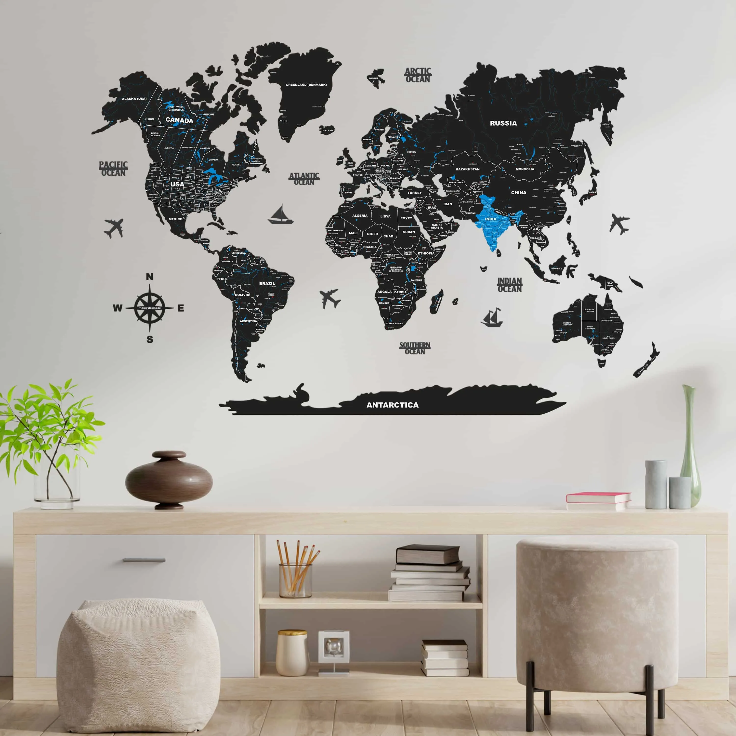 2D Black & Blue Wooden world map for wall