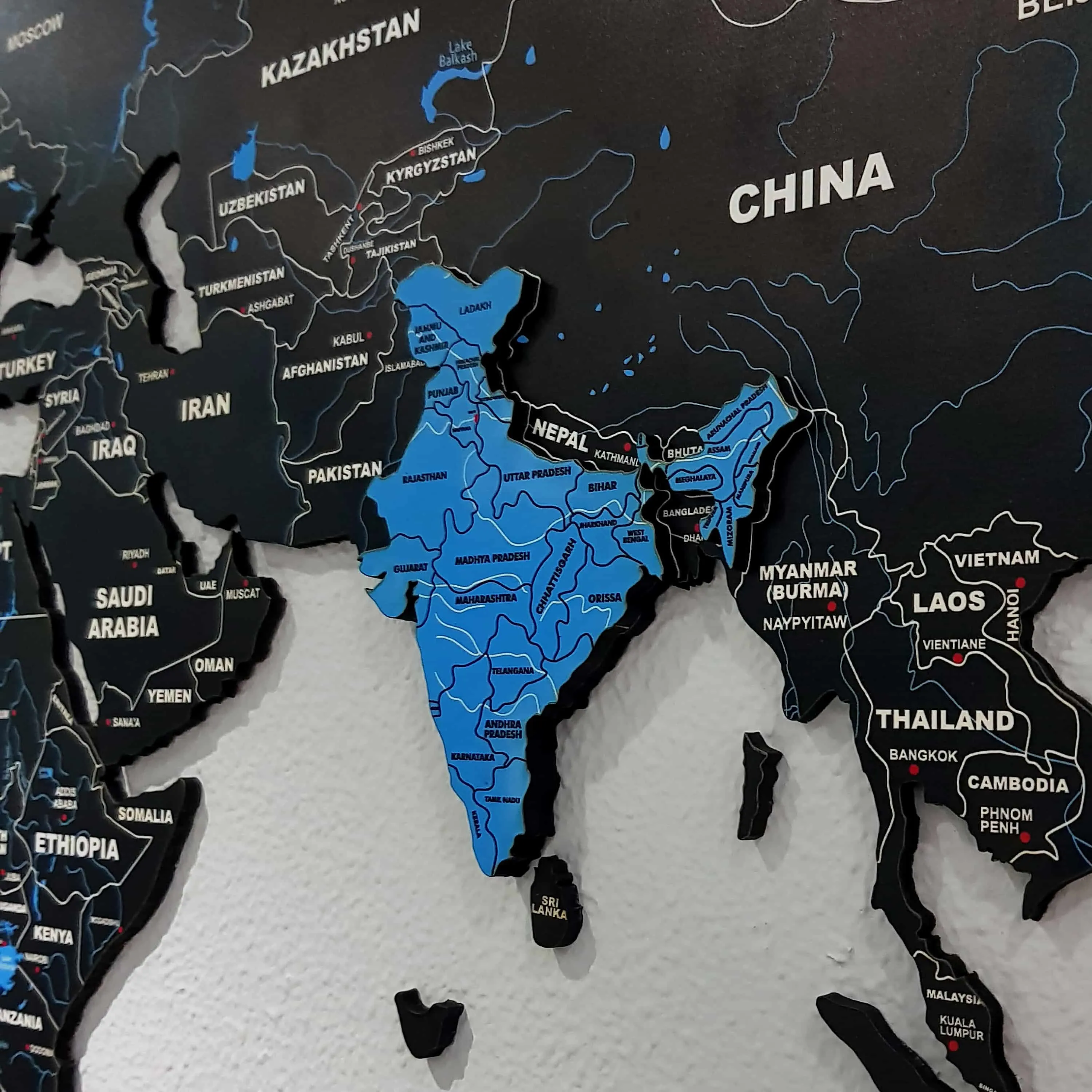 2D Black & Blue Wooden world map for wall