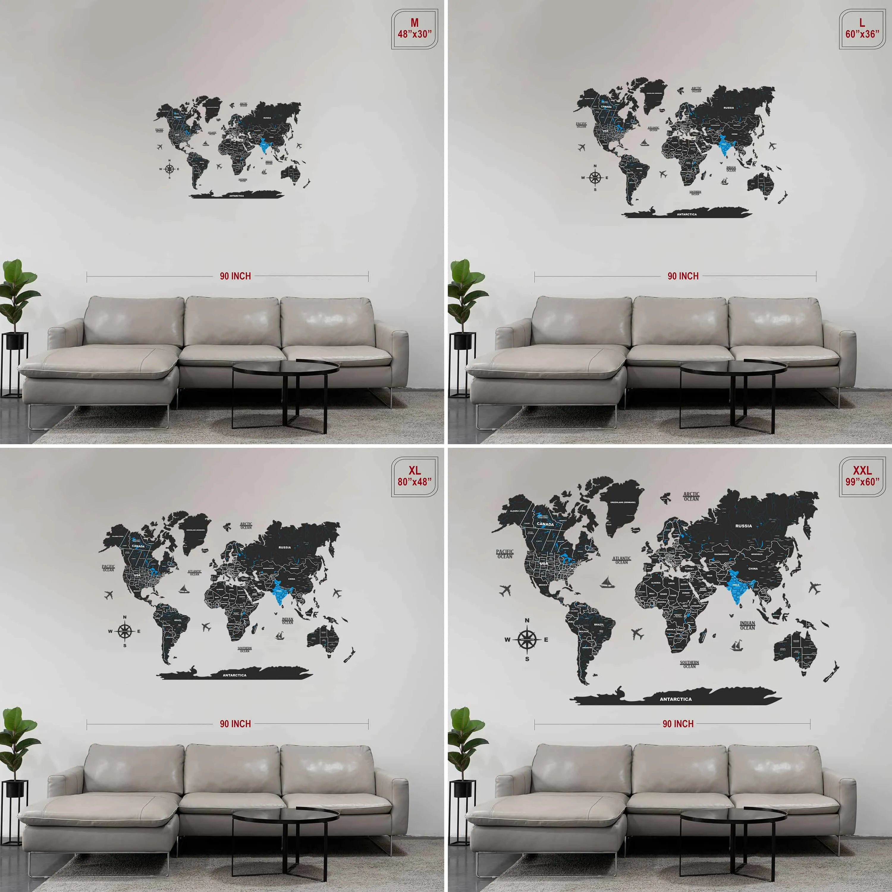 2D Black & Blue Wooden world map for wall