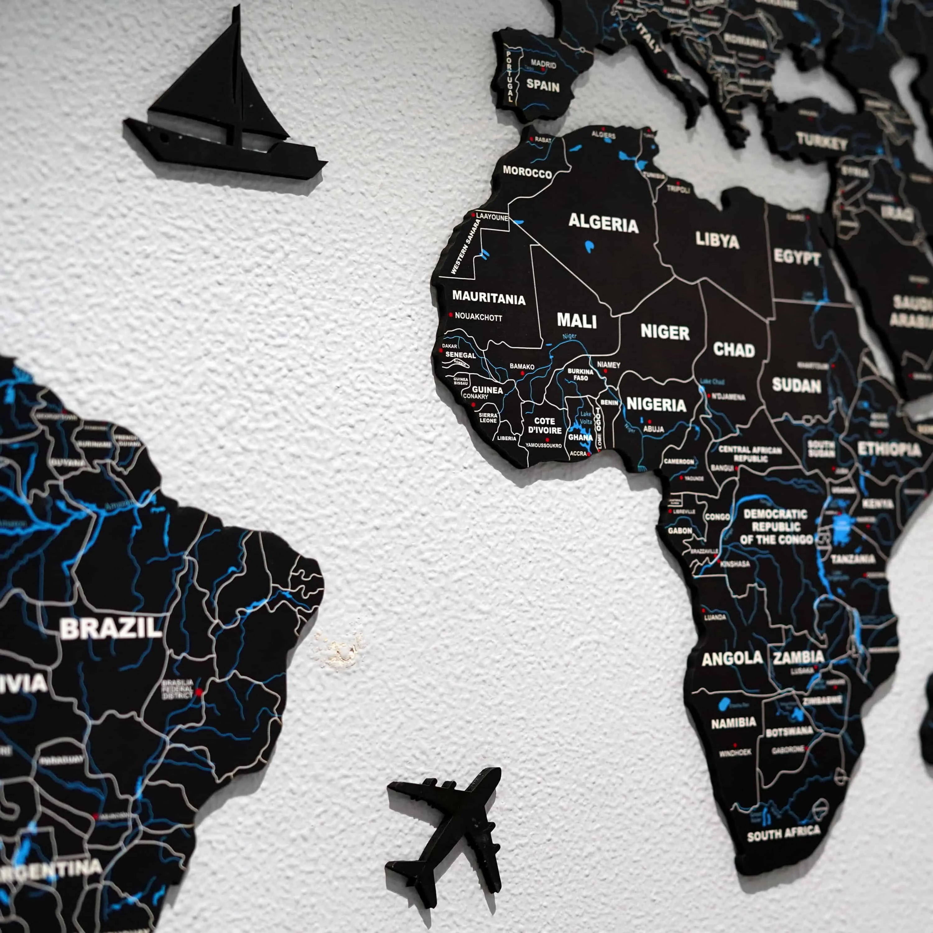 2D Black & Blue Wooden world map for wall