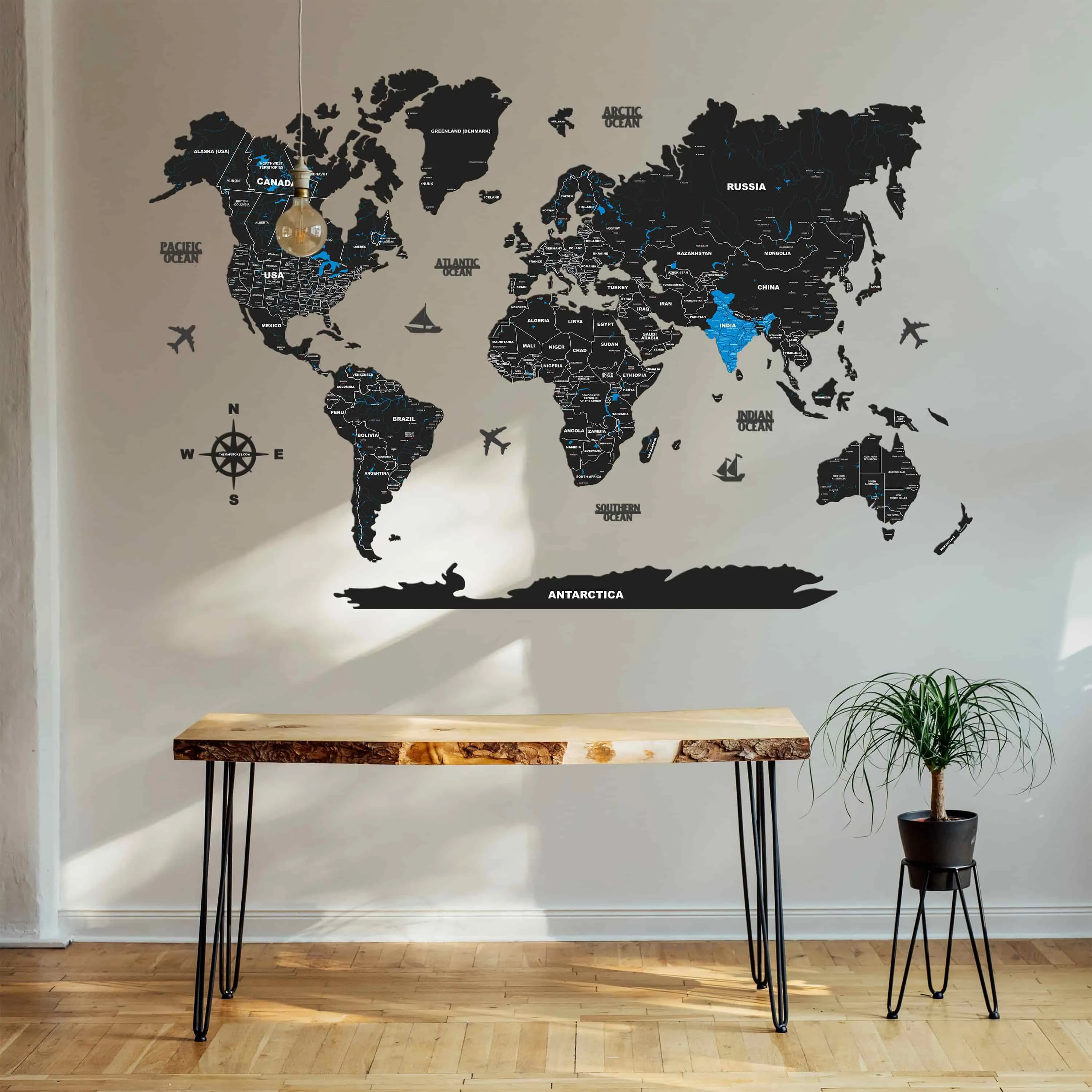 2D Black & Blue Wooden world map for wall