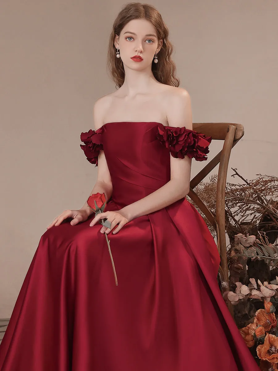 A-Line Burgundy Satin Long Prom Dresses, Burgundy Formal Evening Dresses