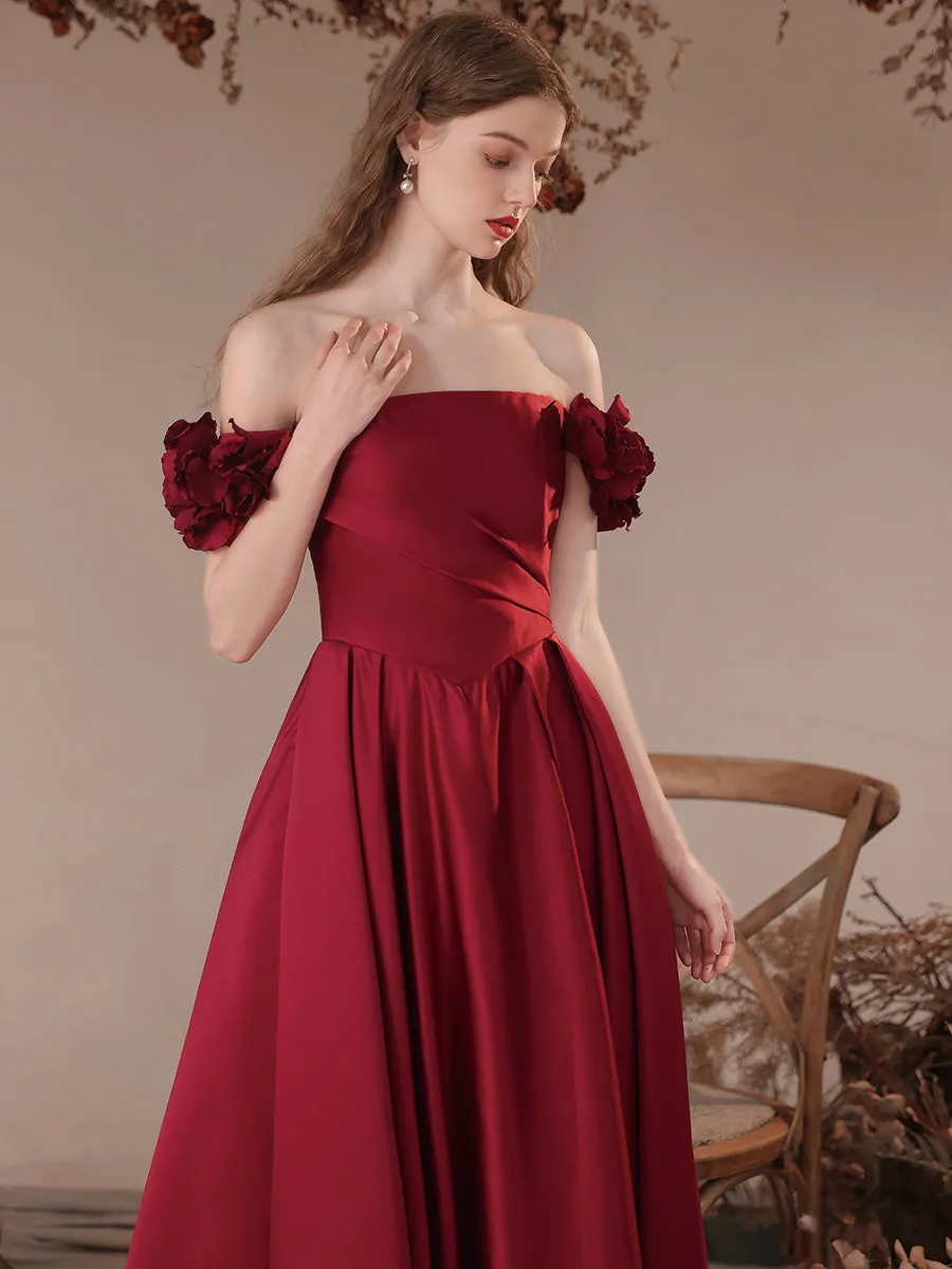 A-Line Burgundy Satin Long Prom Dresses, Burgundy Formal Evening Dresses