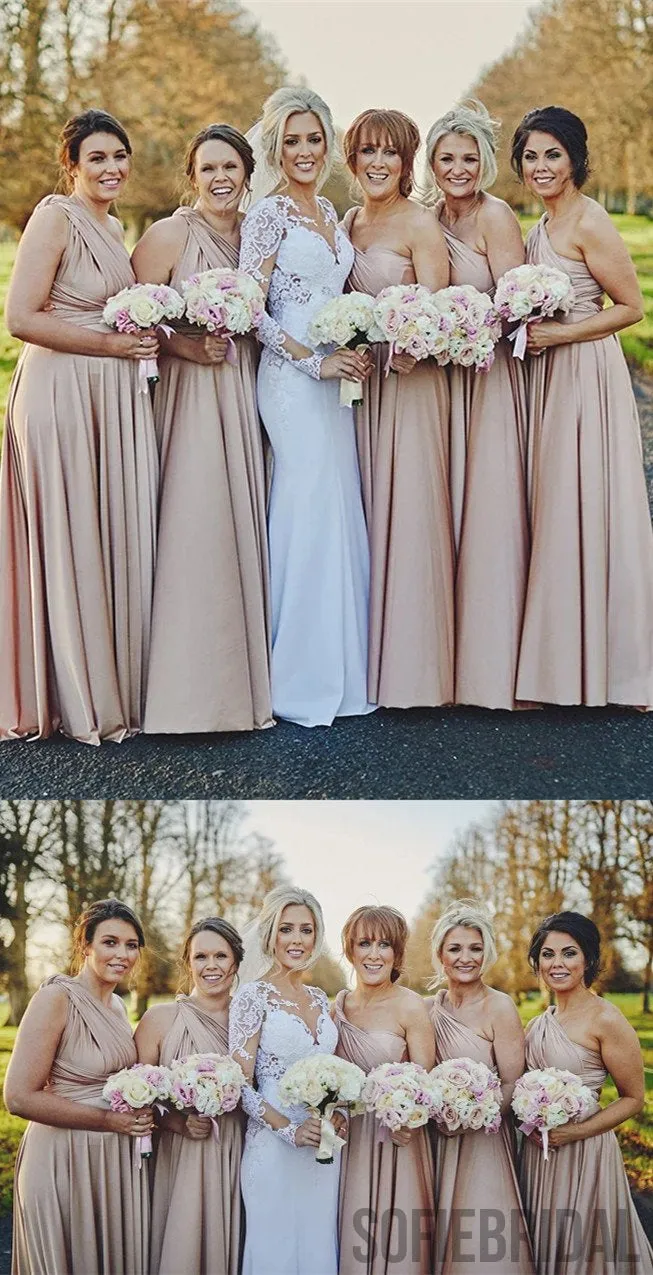 A-line Floor-length One-shoulder Long Bridesmaid Dresses, BD1036