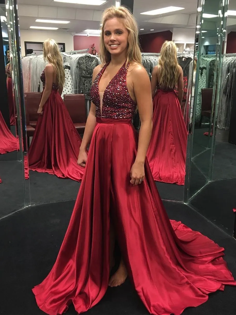 A-line Halter Sweep Train Satin Sequined Burgundy Prom Dress 3069