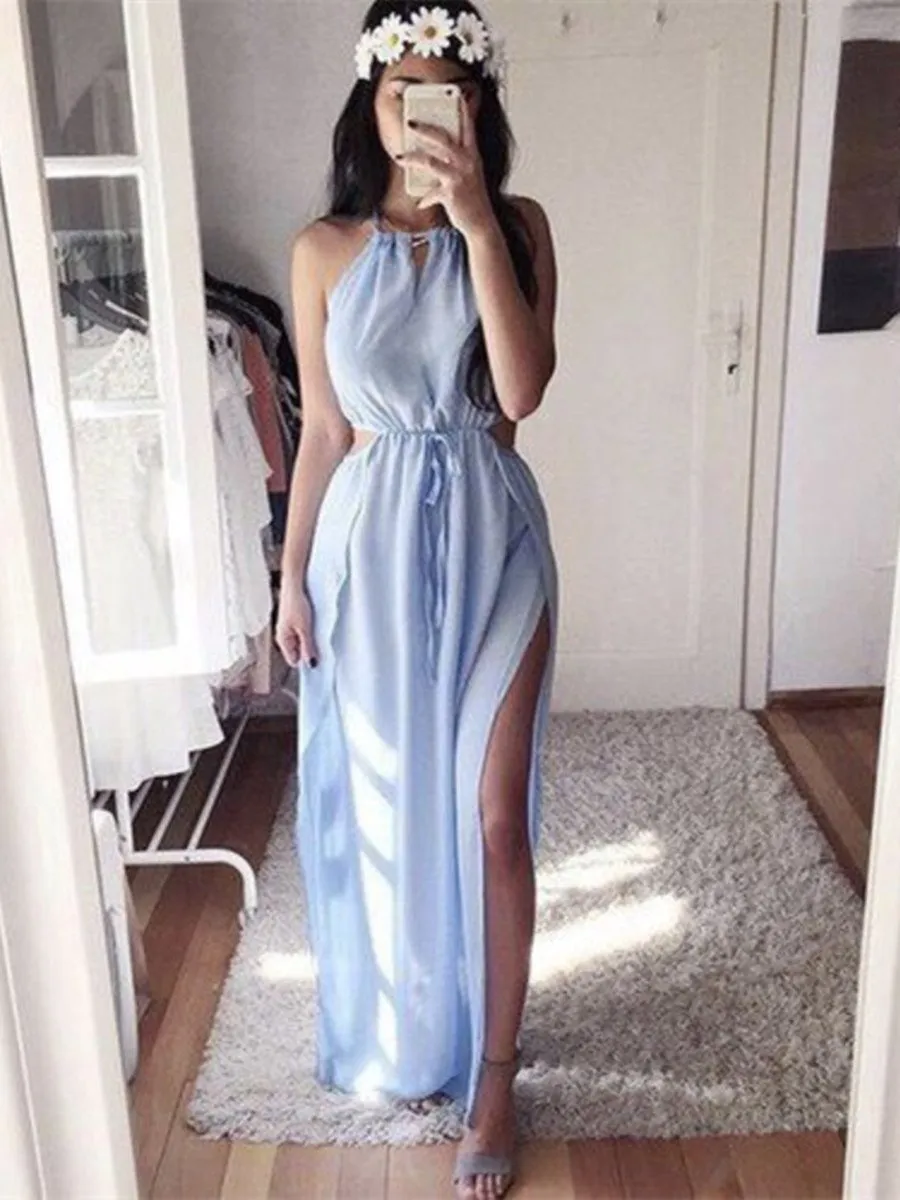 A Line Round Neck Light Blue Chiffon Prom Dresses, Light Blue Formal Dresses