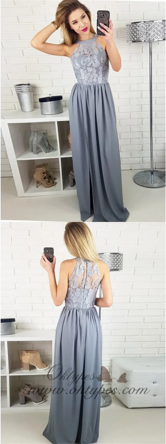 A-Line Round Neck Neck Long Grey Satin Prom Evening Dress with Lace Split, TYP1493