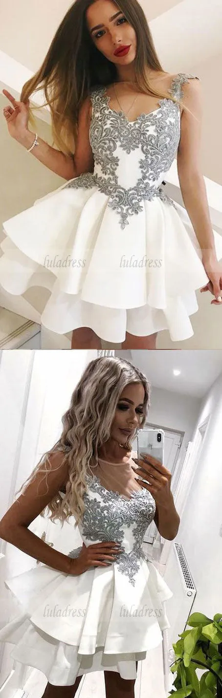 A-Line Round Neck Short White Tiered Homecoming Dress with Appliques,BD99512