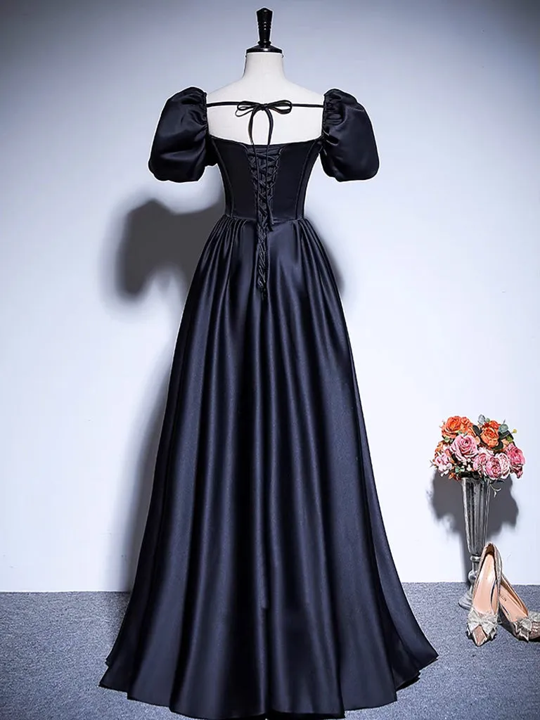 A-Line Satin Puff Sleeves Black Long Prom Dress, Black Long Evening Dress