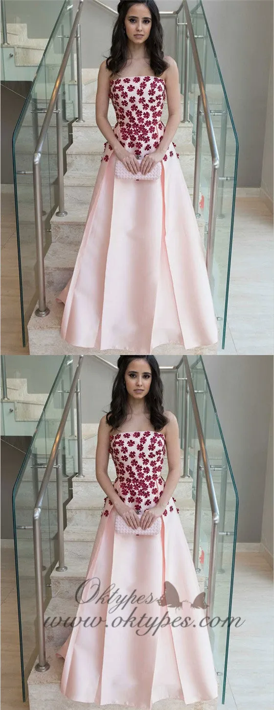 A-Line Strapless Pleated Pink Satin Prom Dresses with Appliques, TYP1292