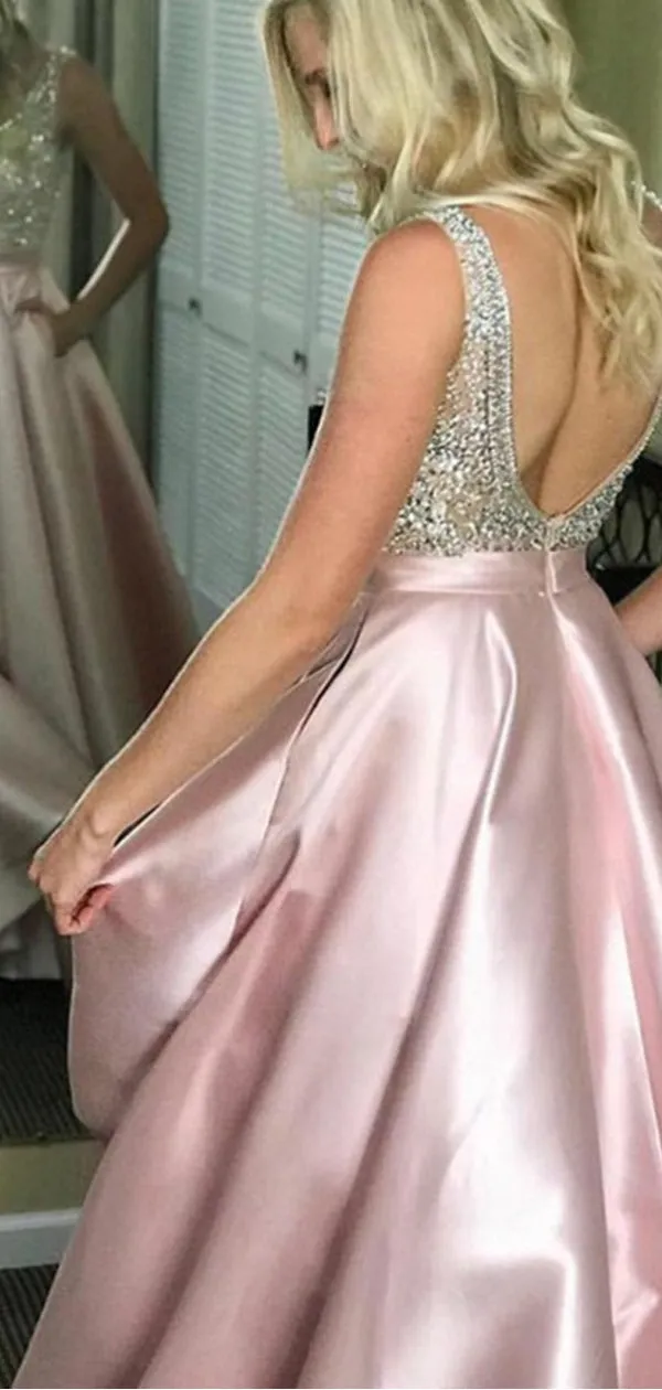 A-Line V-Neck Long Cheap Pink Satin Prom Dresses with Beading, TYP1296