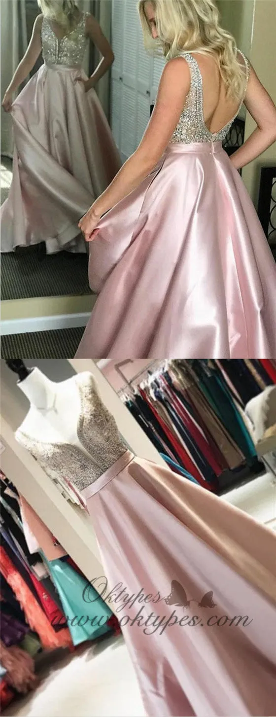 A-Line V-Neck Long Cheap Pink Satin Prom Dresses with Beading, TYP1296