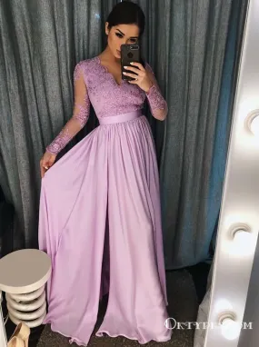 A-Line V-Neck Purple Satin Prom Dresses with Appliques Beading, TYP1890