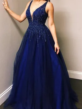 A Line V Neck Royal Blue Beaded Tulle Long Prom Dresses, Royal Blue Beaded Tulle Long Formal Evening Dresses