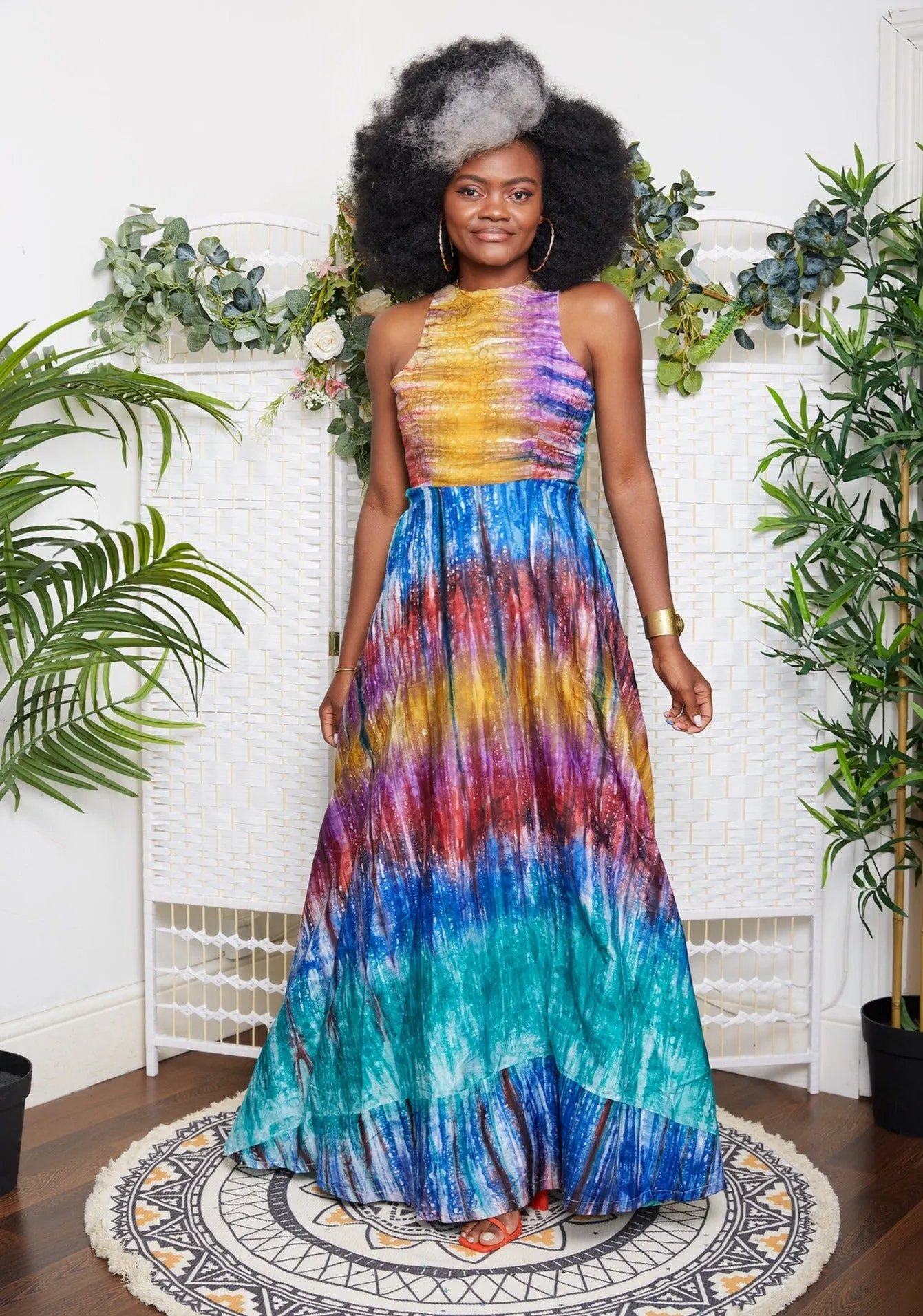 Adire Tye & Dye Sleeveless African Maxi Dress in Multicolour- Adrianne