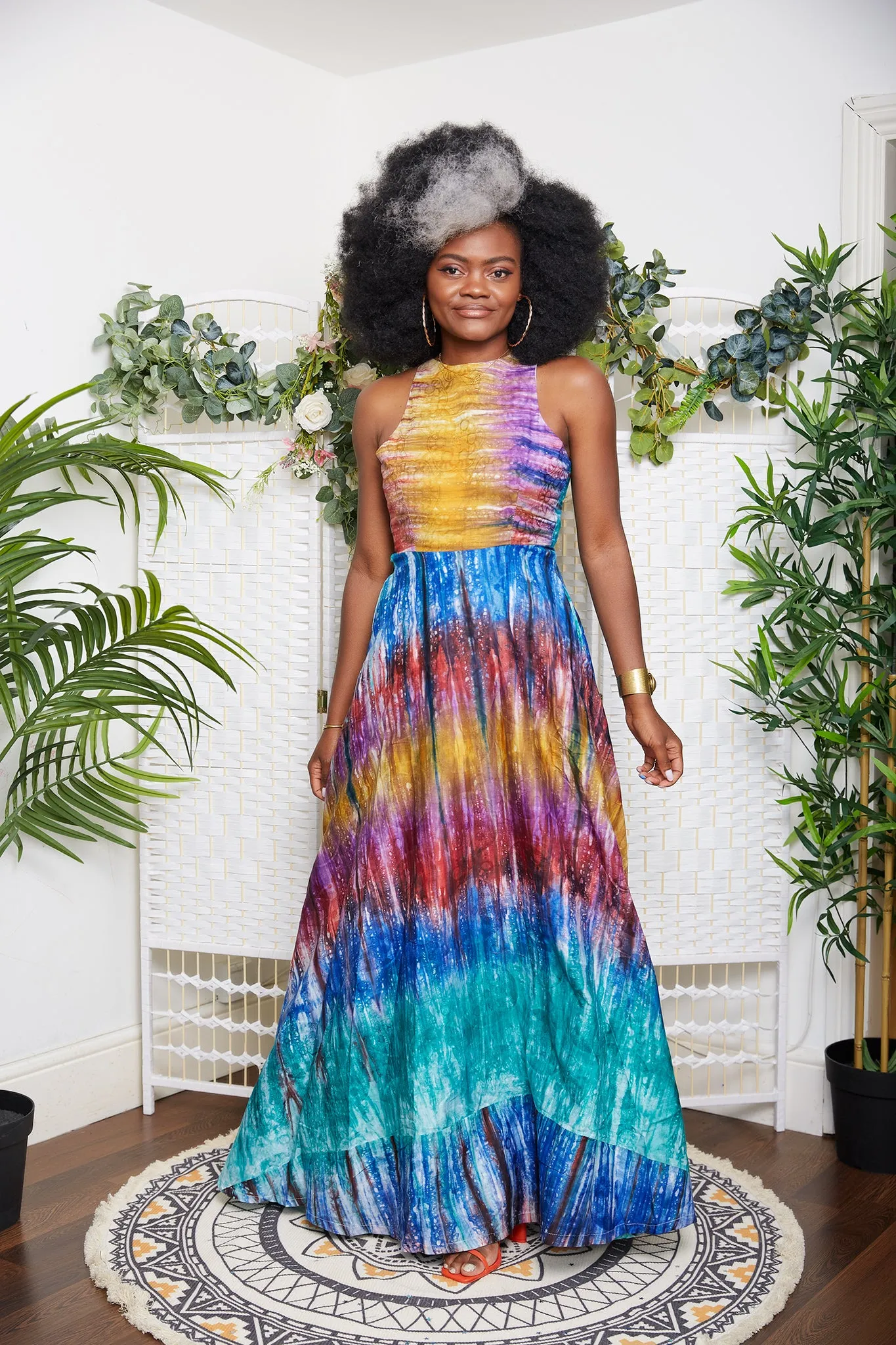 Adire Tye & Dye Sleeveless African Maxi Dress in Multicolour- Adrianne