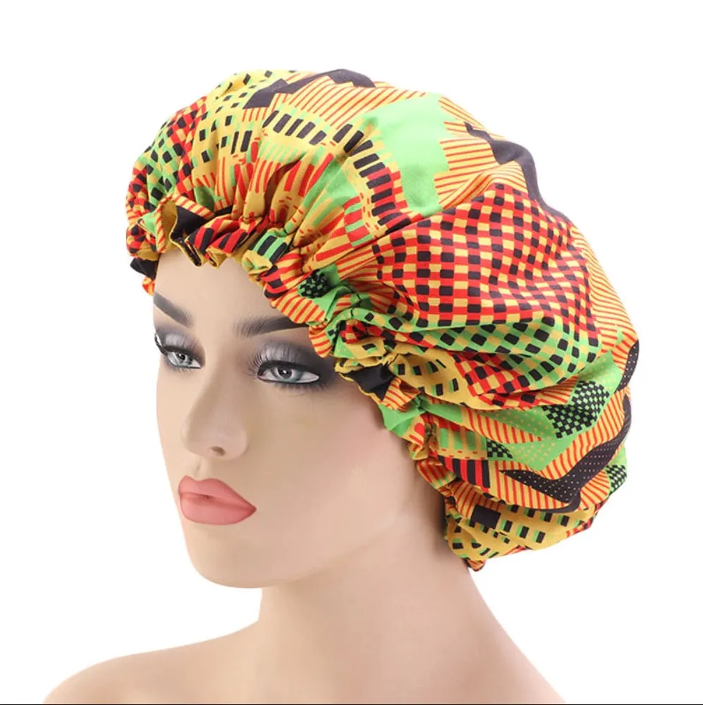 African Kente Print Adjustable Hair Bonnet ( Satin lined Night sleep cap )