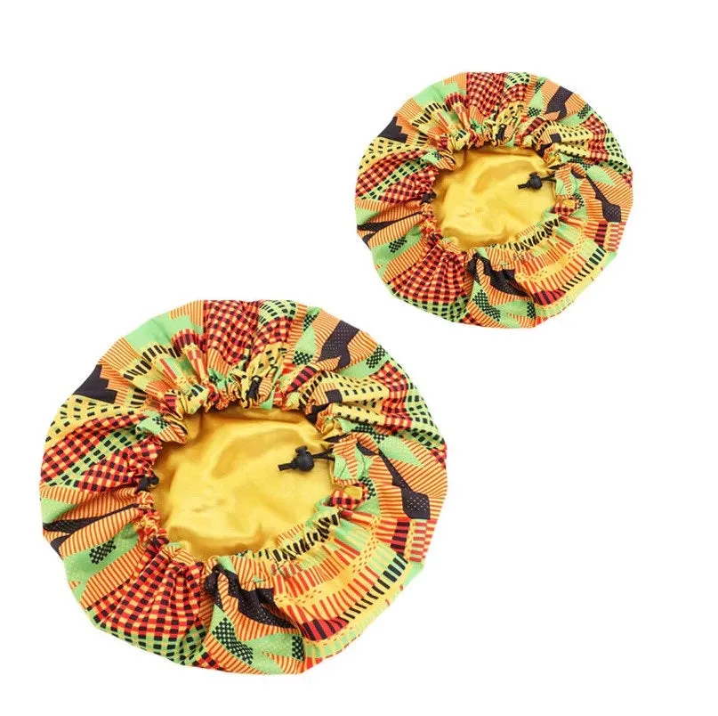 African Kente Print Hair Bonnet (Mother Daughter / Mommy & Me set) Kids Bonnet set ( Satin lined Night sleep cap )