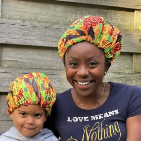 African Kente Print Hair Bonnet (Mother Daughter / Mommy & Me set) Kids Bonnet set ( Satin lined Night sleep cap )