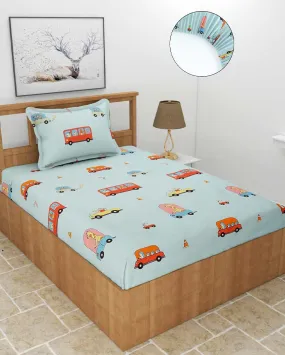 Animal Bus Printed Sky Blue Glace Cotton Elastic Fitted Single Bedsheet with One Pillow Cover | 72 x 36 x 8 inches