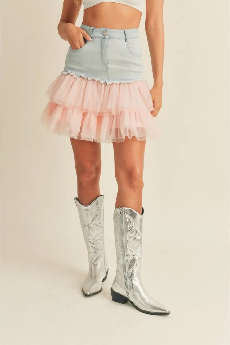 Annie Denim & Tulle Ruffle Mini Skirt