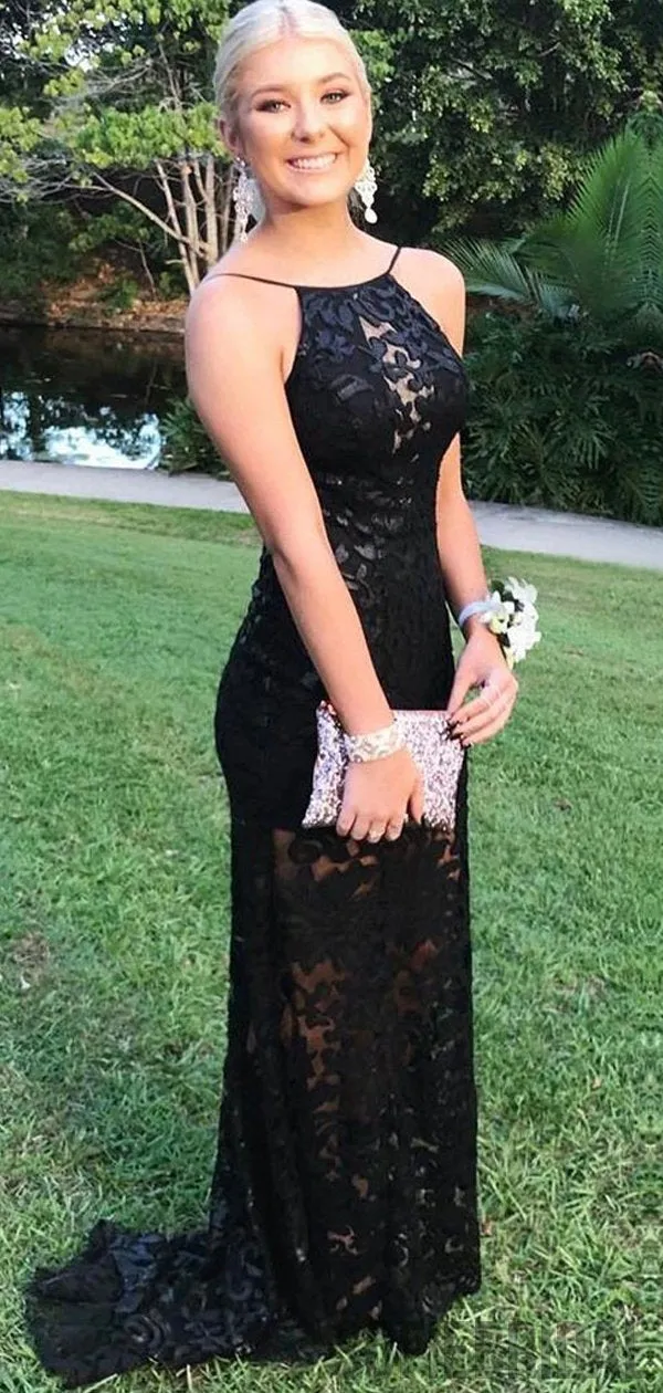 Backless Long Mermaid Black Lace Prom Dresses, PD0986