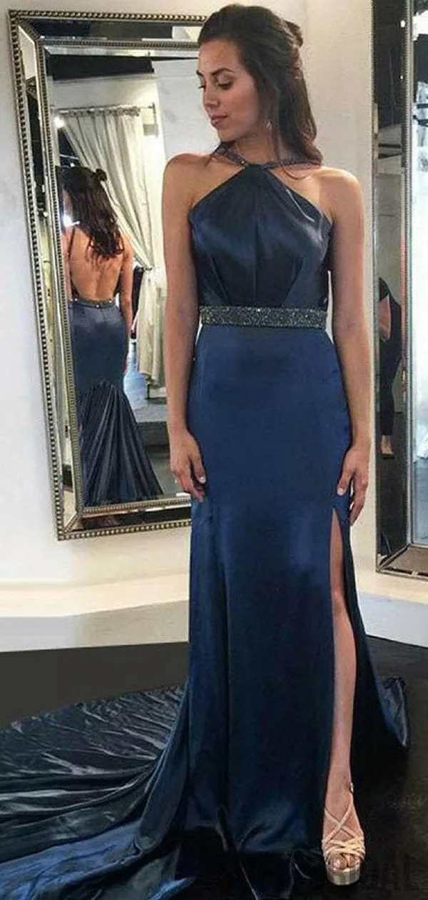 Beaded Soft Satin Sheath Prom Dresses, Backless Popular Prom Dresses, PD0746