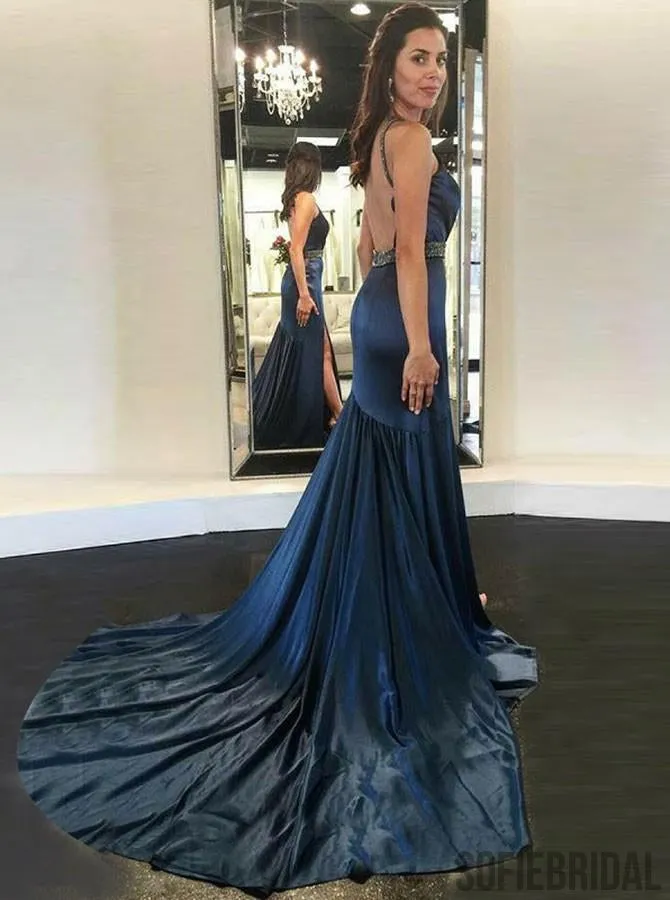 Beaded Soft Satin Sheath Prom Dresses, Backless Popular Prom Dresses, PD0746