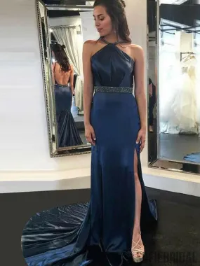 Beaded Soft Satin Sheath Prom Dresses, Backless Popular Prom Dresses, PD0746