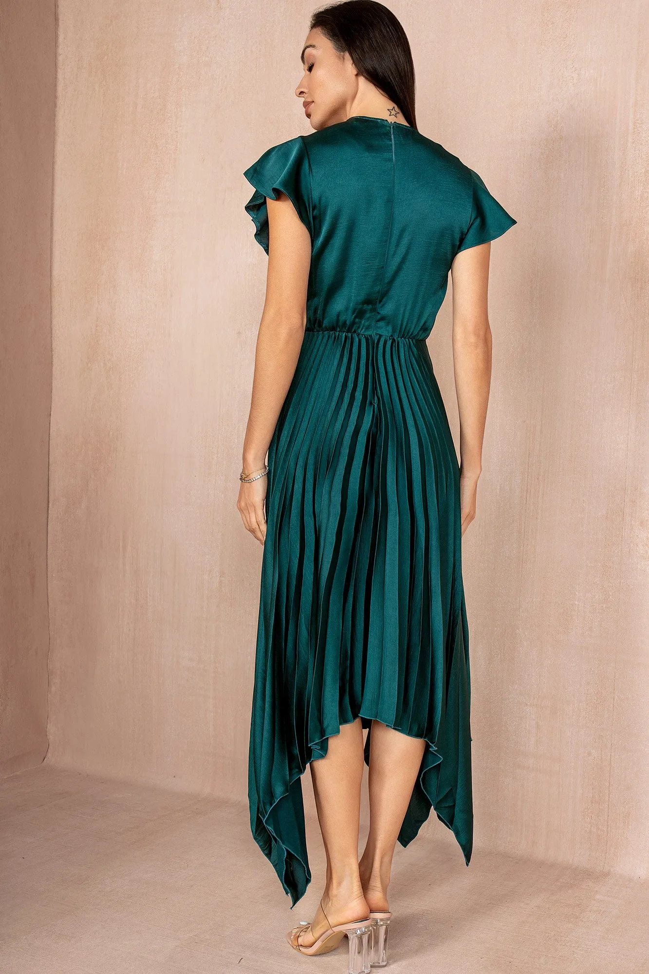 Betha Teal Satin Pleated Dress