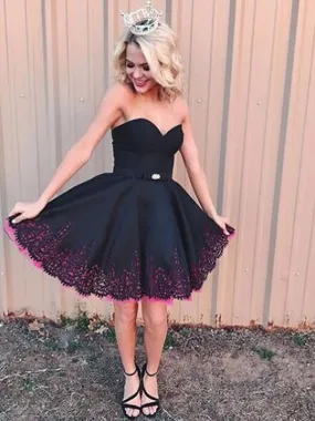 Black Satin Pink Tulle Lace Hemline Strapless Homecoming Dresses,BD0206