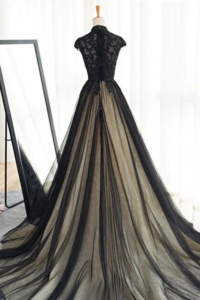 Black tulle cap sleeves floor-length long prom dresses,luxury dresses,BS023