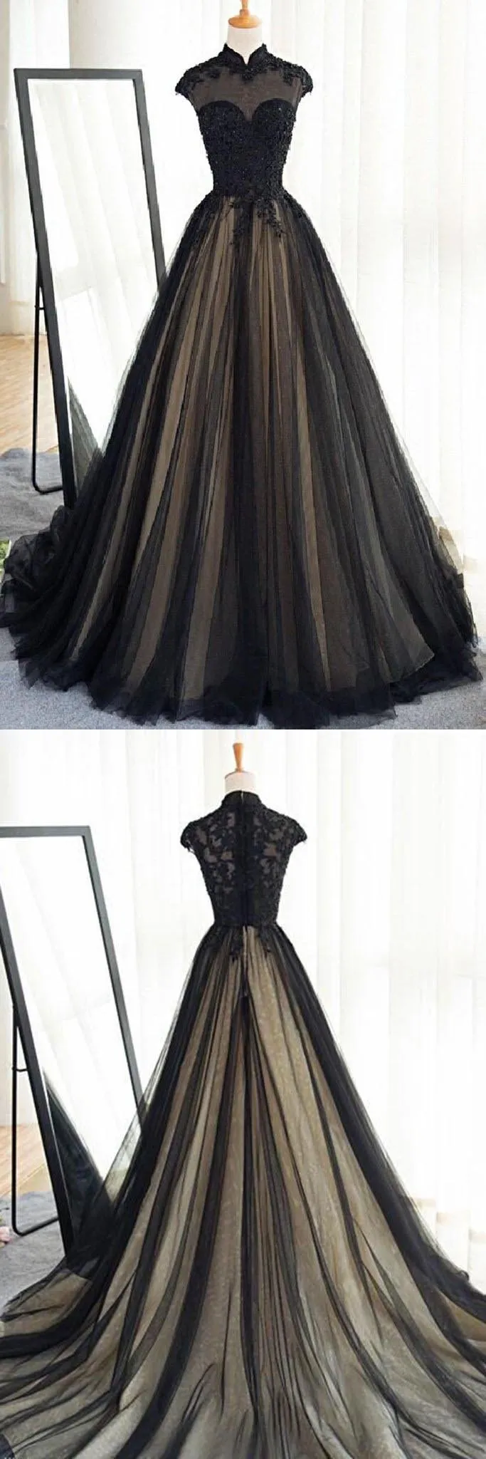 Black tulle cap sleeves floor-length long prom dresses,luxury dresses,BS023