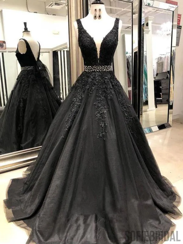 Black V-neck Lace Appliques A-line Prom Dresses, Beaded Prom Dresses, PD0750