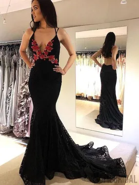 Black V-neck Lace Mermaid Prom Dresses, Cheap Prom Dresses, PD0743