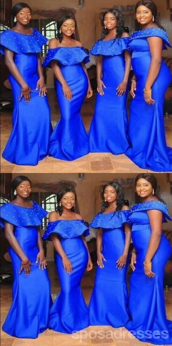 Blue Mermaid Off Shoulder Cheap Long Bridesmaid Dresses,WG1489