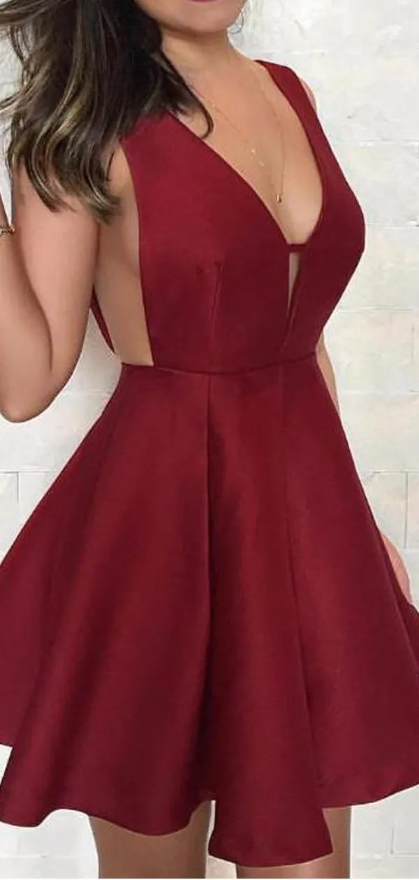 Burgundy Satin V-neck V-back Fashion For Teens Homecoming Dresses,BD0195