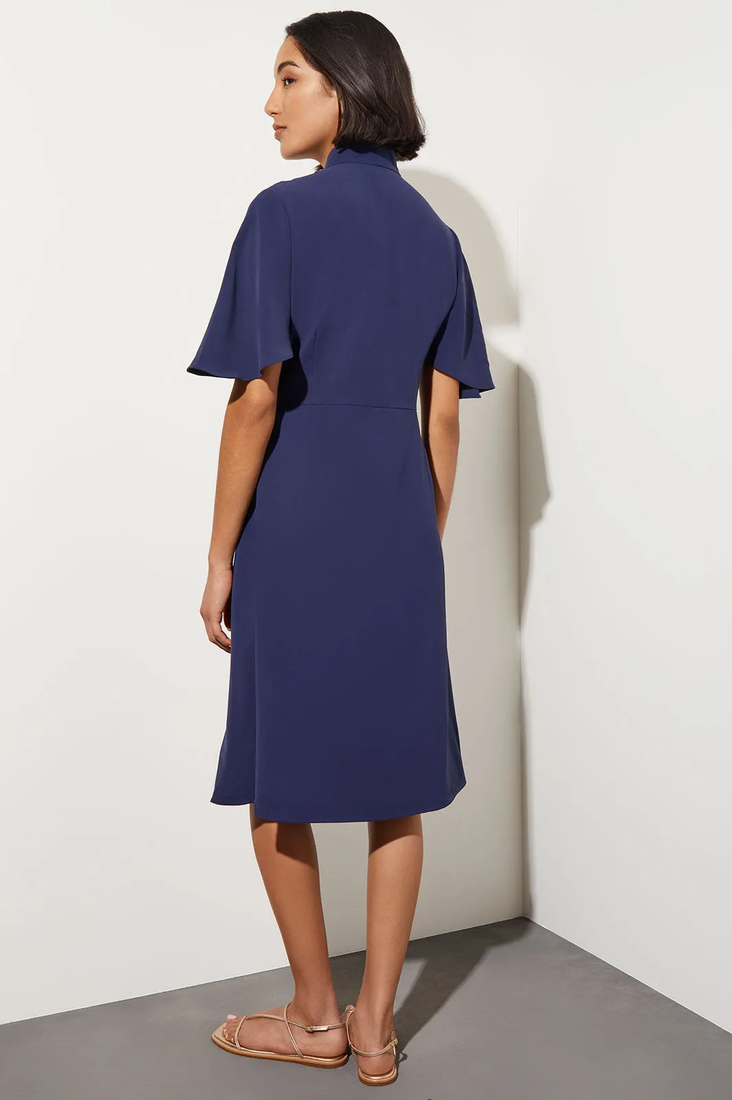 Butterfly Sleeve Crepe de Chine Wrap Dress, Indigo