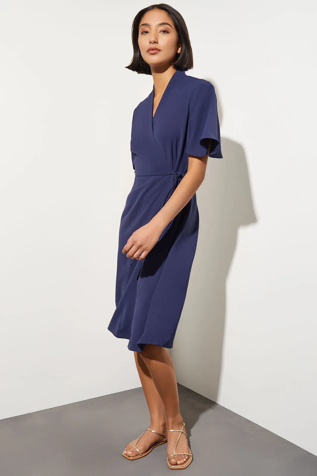 Butterfly Sleeve Crepe de Chine Wrap Dress, Indigo