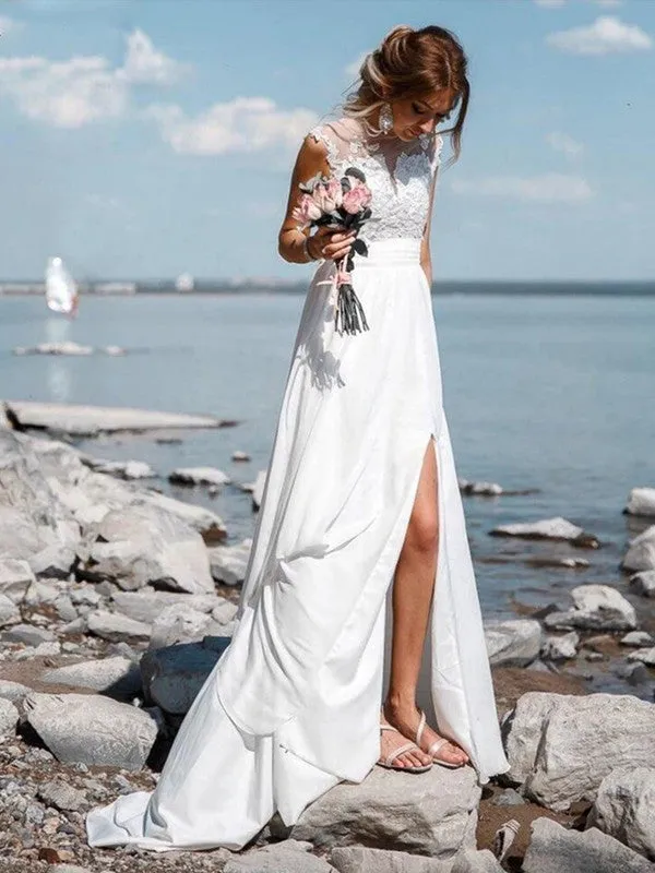 Cap Sleeves Top Lace Long Wedding Dresses, Popular Beach 2020 Wedding Dresses