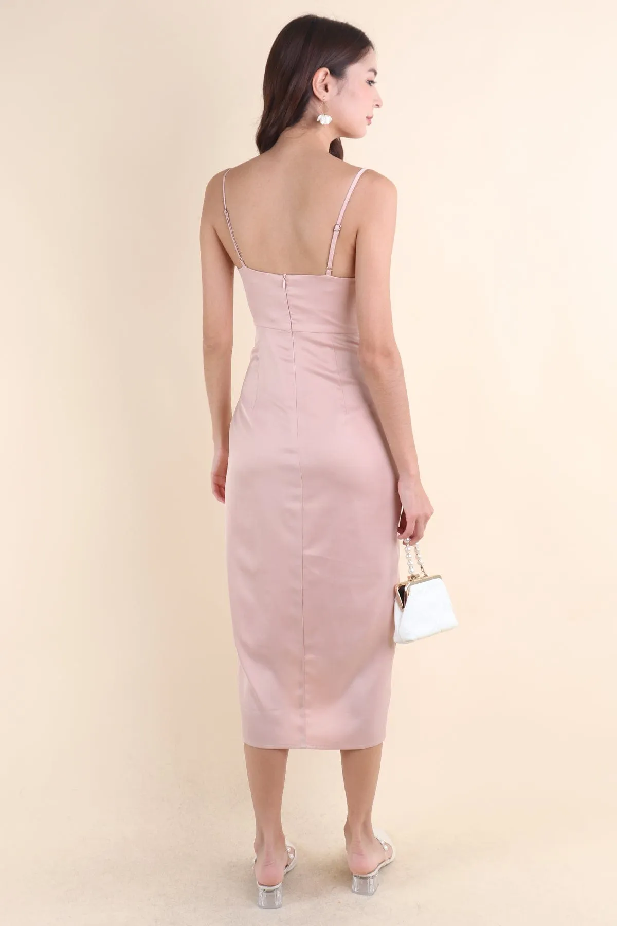 CASSI COWL NECK SATIN MIDAXI IN CHAMPAGNE PINK