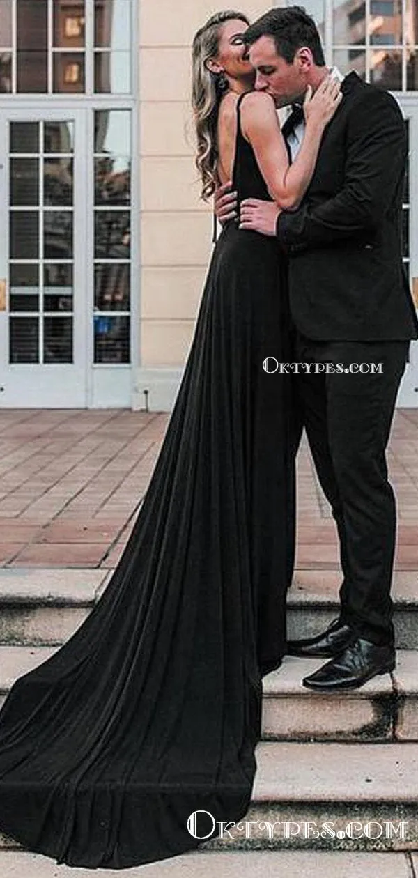 Charming Elegant Sexy V-neck Black Jersey Spaghetti Straps Long Cheap A-line Evening Prom Dresses, PDS0045