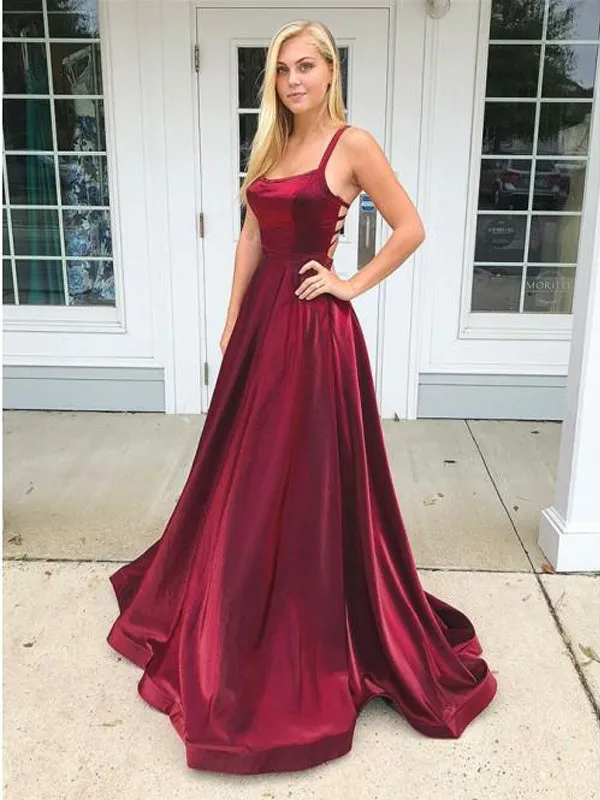 Charming Simple Burgundy Straps Long Satin Prom Dresses, TYP1596