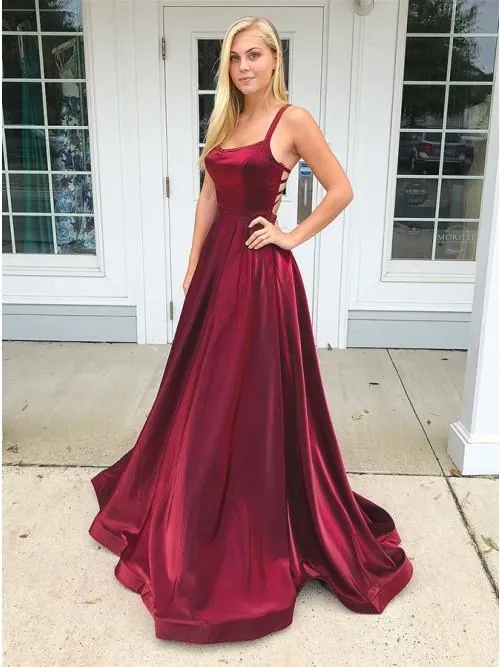 Charming Simple Burgundy Straps Long Satin Prom Dresses, TYP1596