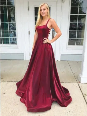 Charming Simple Burgundy Straps Long Satin Prom Dresses, TYP1596